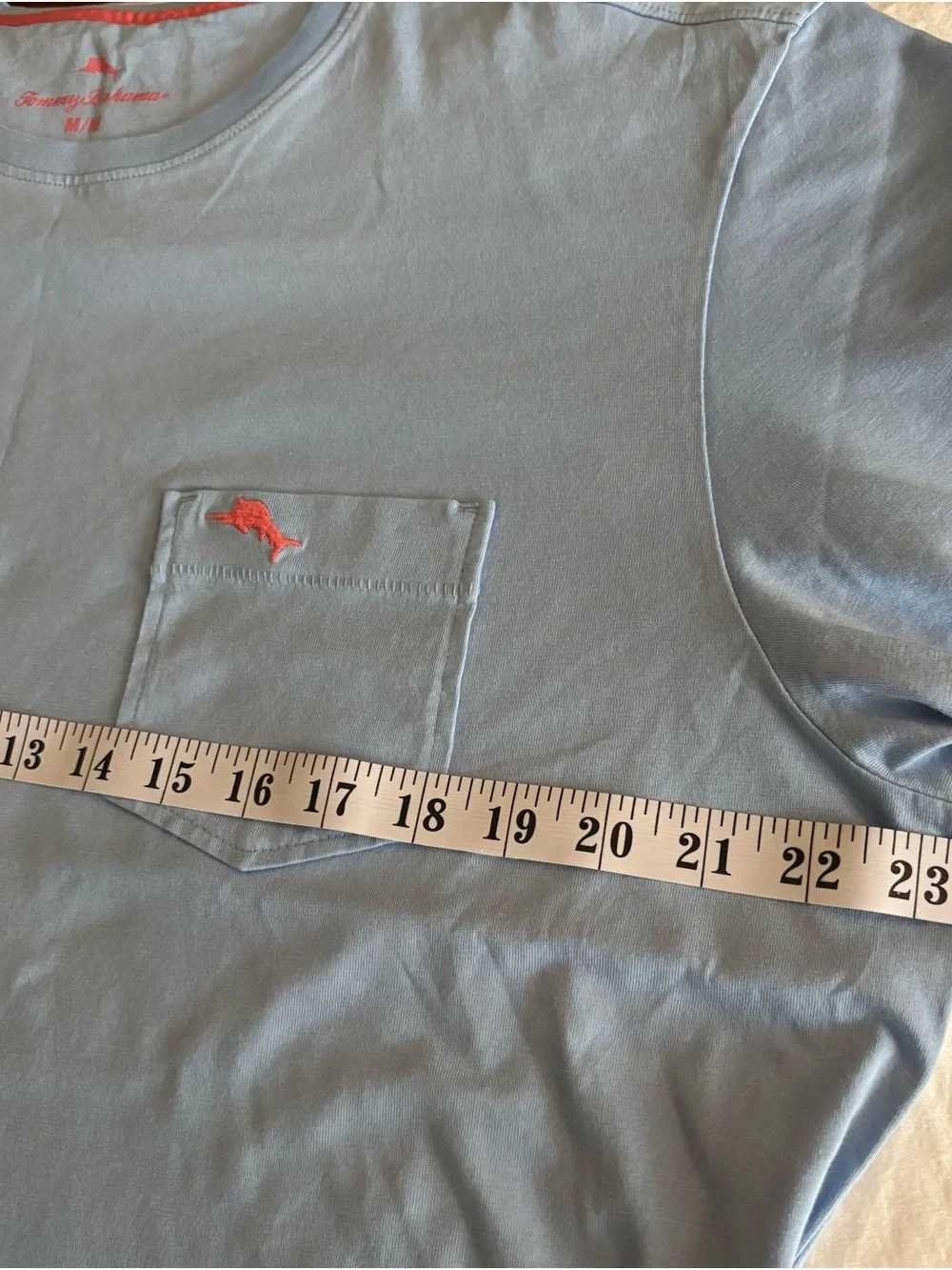 Tommy Bahama Light Blue Short-Sleeve Pocket Tee with Coral Accent - Medium